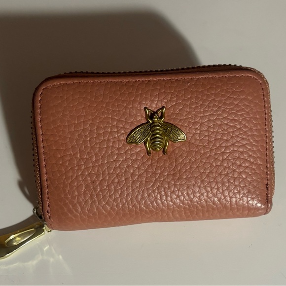 Handbags - Pink Leather Wallet with Gold Bee Accent